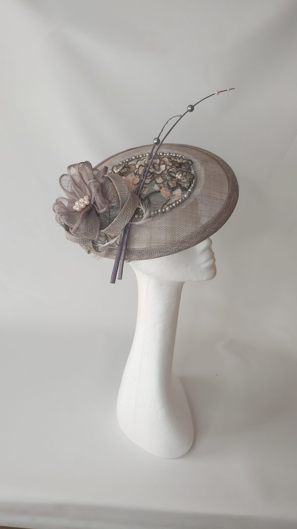 Caoimhe - Pewter grey fascinator wth blush /salmon pink 3D flowers - Image 2