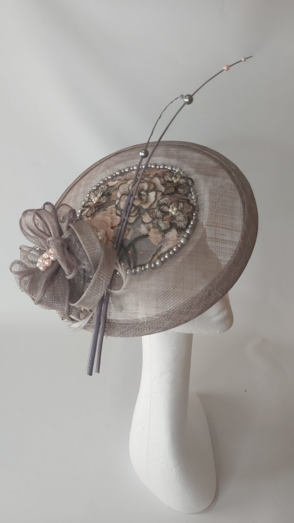 Caoimhe - Pewter grey fascinator wth blush /salmon pink 3D flowers - Image 3