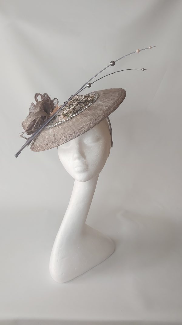 Caoimhe - Pewter grey fascinator wth blush /salmon pink 3D flowers