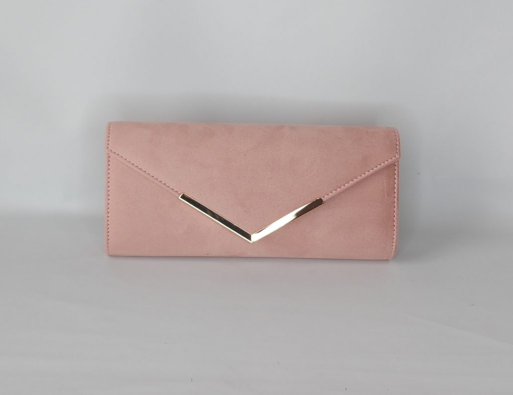 light pink suede clutch bag