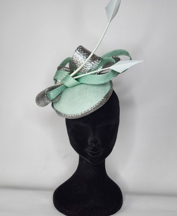 EVIE -  AQUA GREEN AND METALIC SILVER FASCINATOR - Image 2