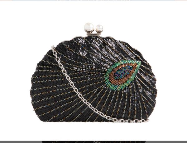 PENNY -  BLACK RHINESTONE CLUTCH BAD WITH PEACOCK FEATHER DESIGN