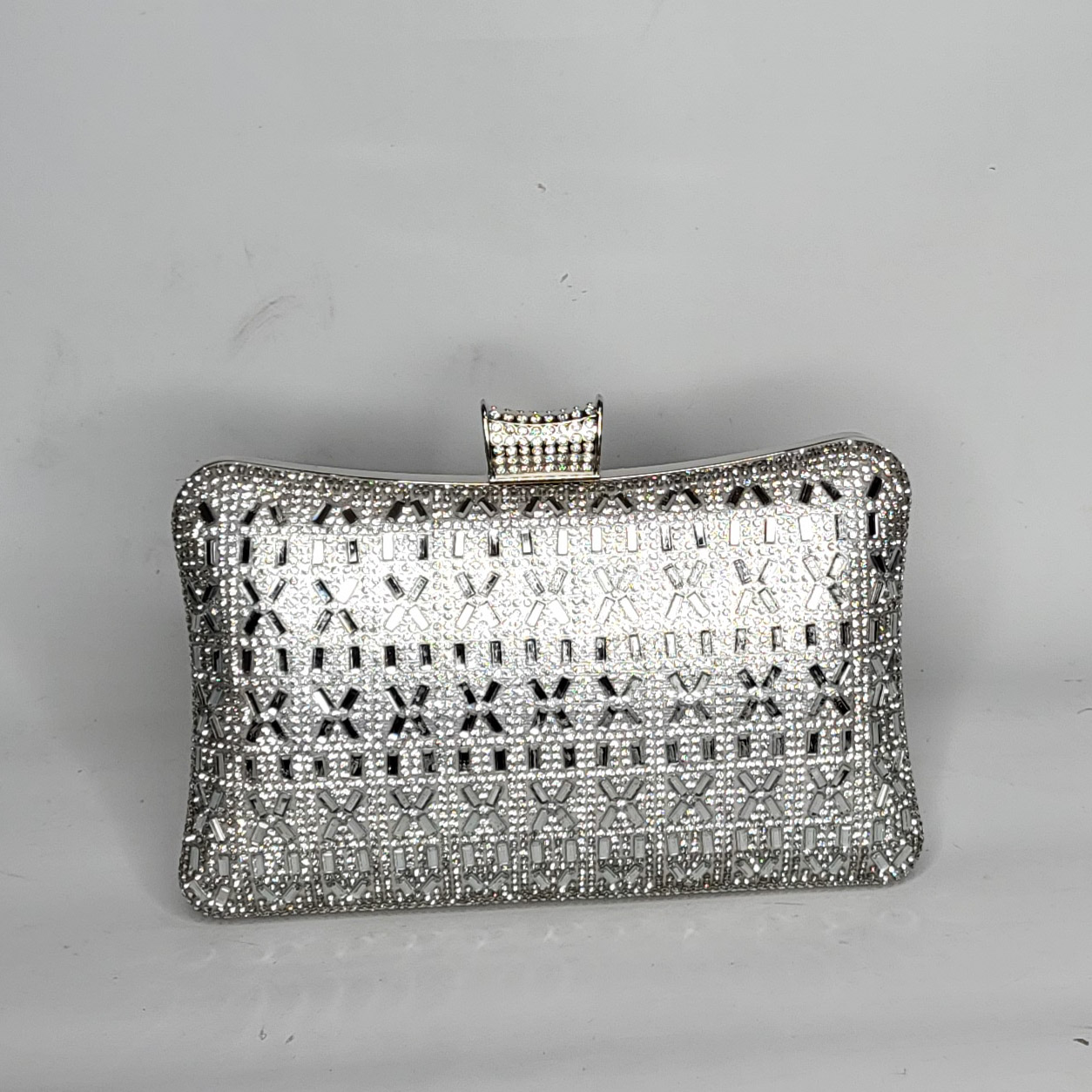 AMBER METALIC SILVER RHINESTONE BOX CLUTCH BAG