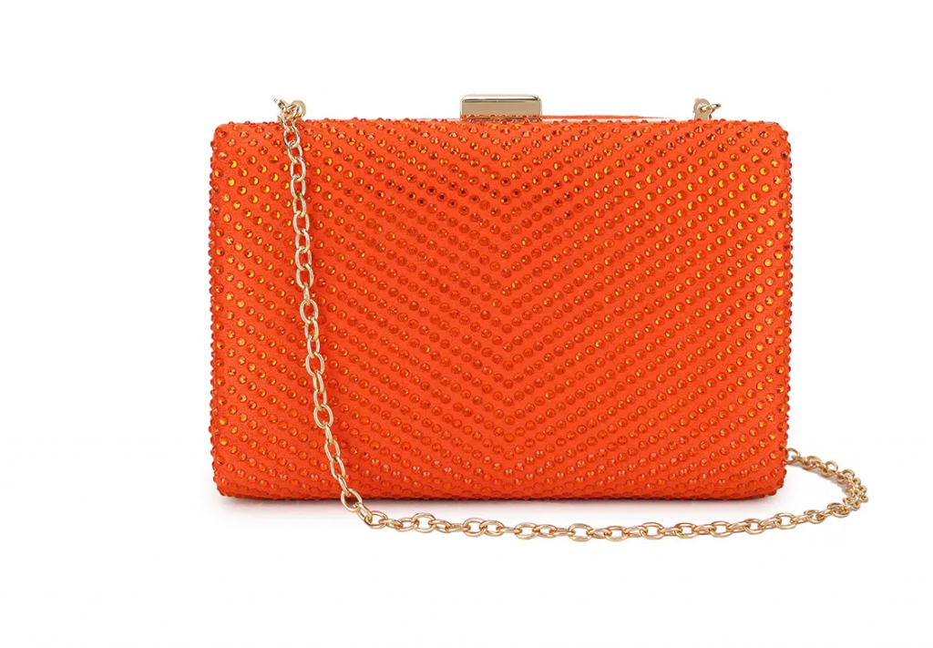 CHITA - ORANGE RHINESTONE BOX CLUTCH BAG - Karen Edell Millinery