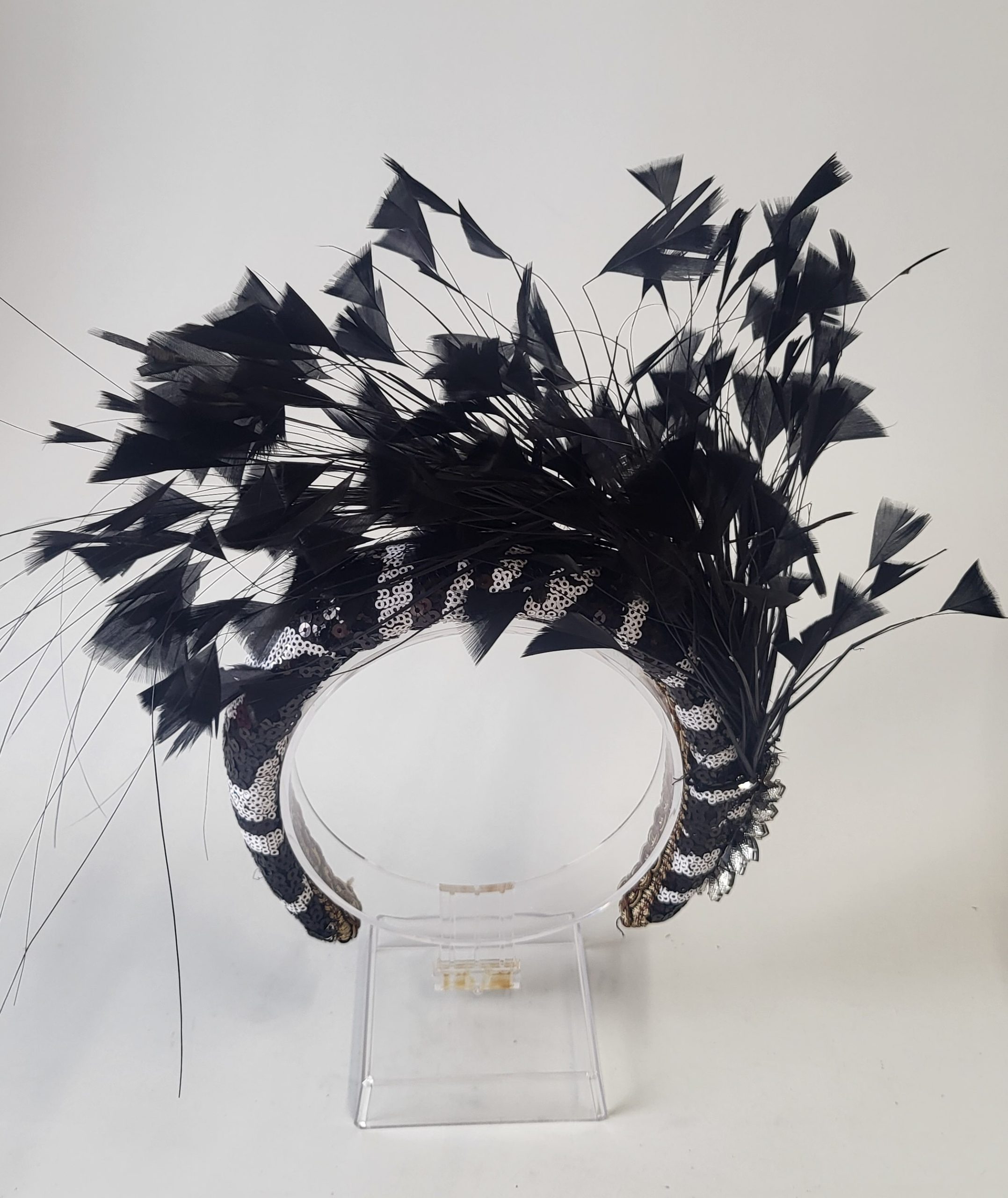 SADIE - BLACK AND WHITE SEQUINED ZEBRA PRINT HAIRBAND FASCINATOR EX HIRE - Image 4