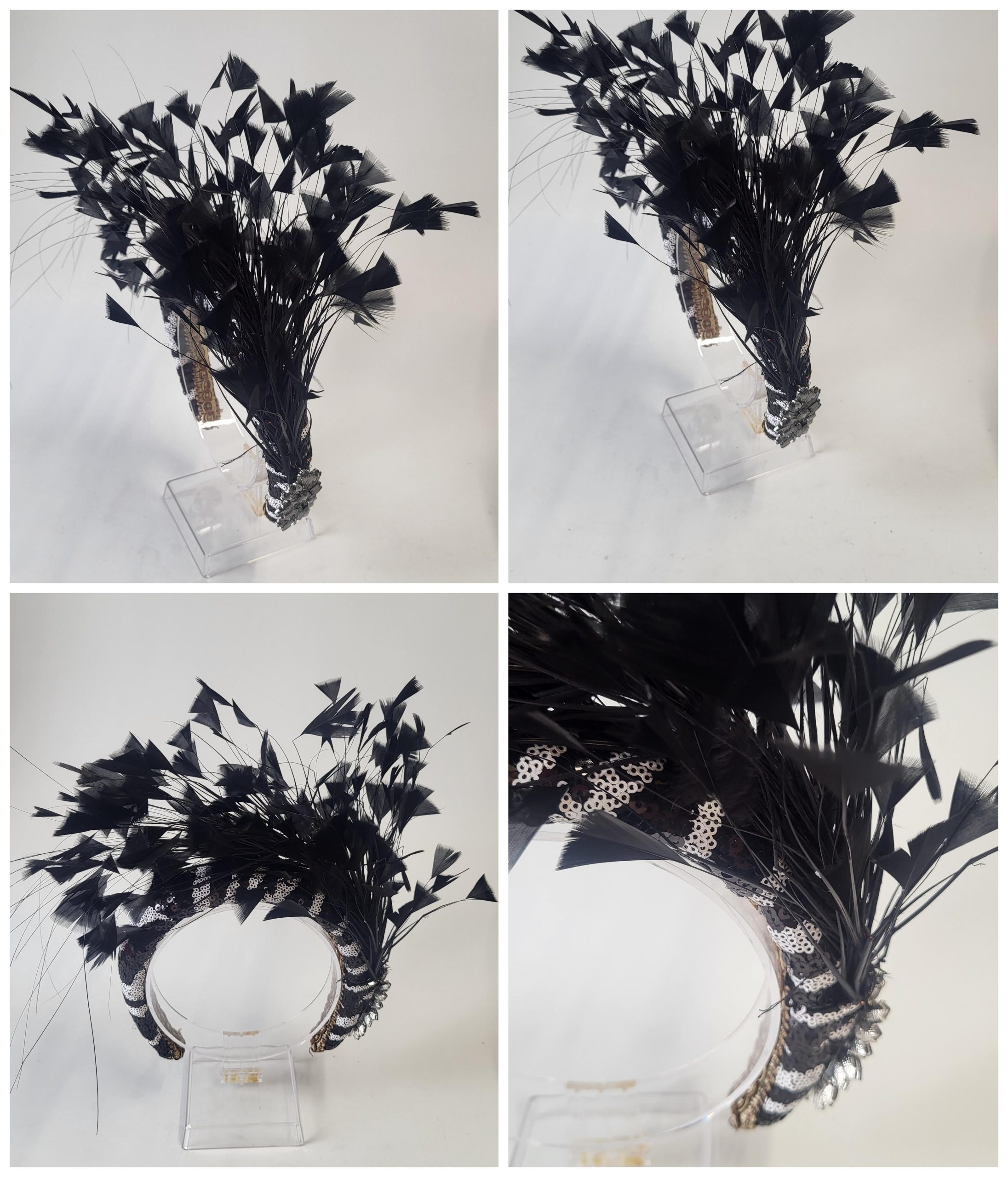 SADIE - BLACK AND WHITE SEQUINED ZEBRA PRINT HAIRBAND FASCINATOR EX HIRE
