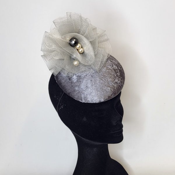 NATALIE - GREY VELVET AND PEARL FASCINATOR - SAMPLE SALE - Image 2