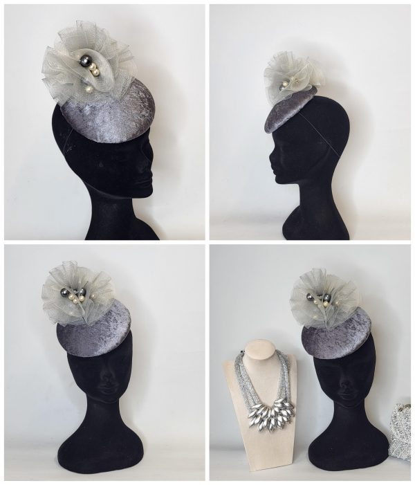 NATALIE - GREY VELVET AND PEARL FASCINATOR - SAMPLE SALE