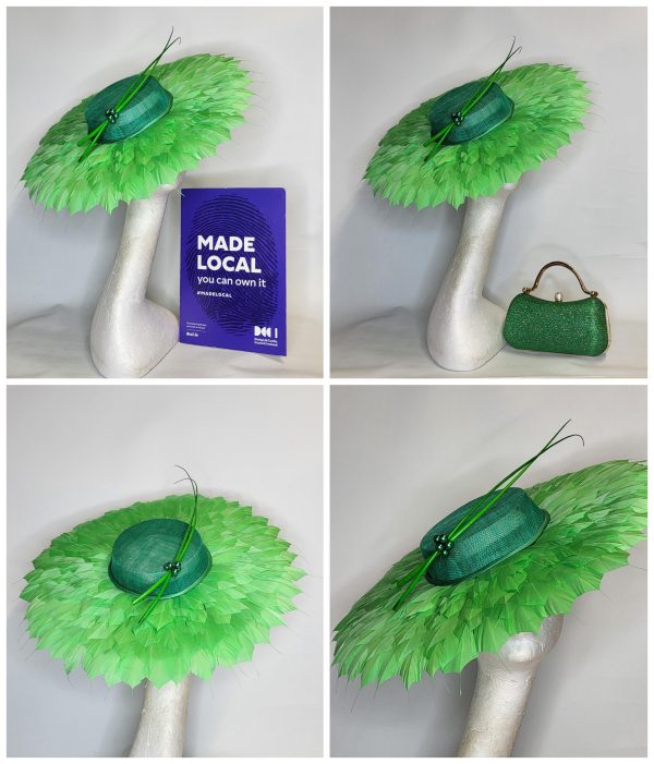 REBEL - KELLY GREEN  BOATER FASCINATOR  EX HIRE SALE
