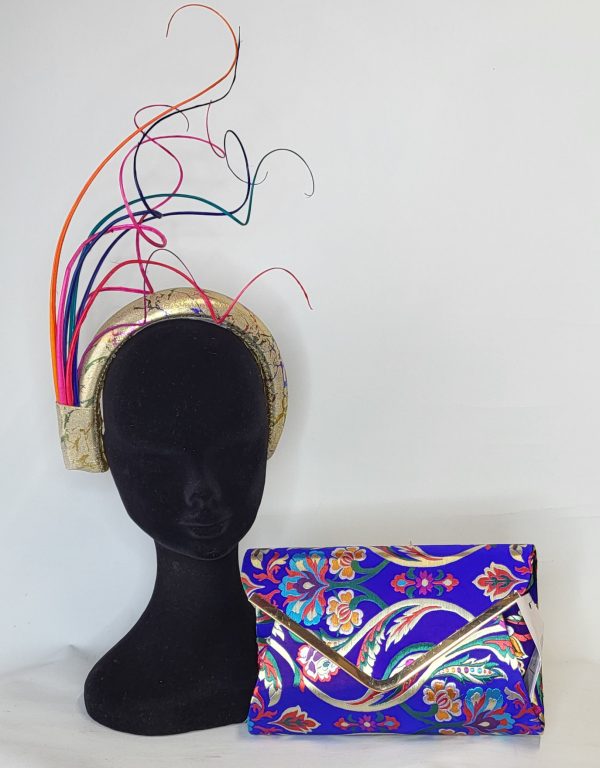 WYNONA - GOLD AND MULTICOLOURED HAIRBAND FASCINATOR  EX HIRE - Image 2
