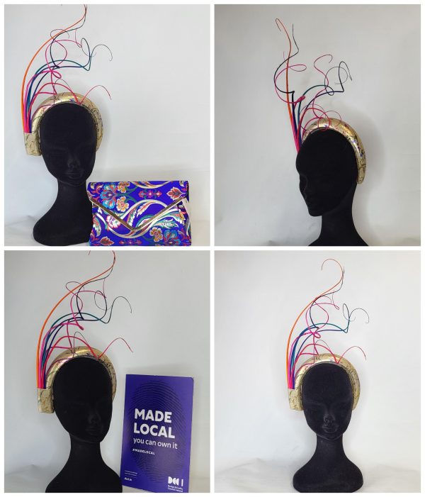 WYNONA - GOLD AND MULTICOLOURED HAIRBAND FASCINATOR  EX HIRE