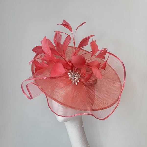 DARINA - CORAL  BRIM FASCINATOR  WITH SILVER RHINESTONE BROOCH - Image 3