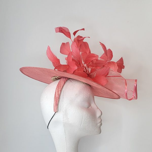 DARINA - CORAL  BRIM FASCINATOR  WITH SILVER RHINESTONE BROOCH - Image 2