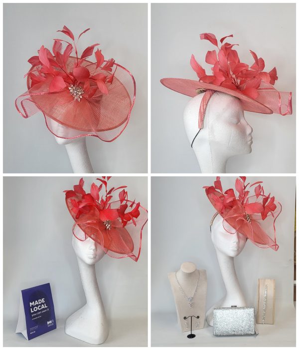 DARINA - CORAL  BRIM FASCINATOR  WITH SILVER RHINESTONE BROOCH