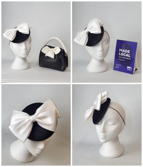 KASEY - BLACK VELVET AND IVORY BOW FASCINATOR