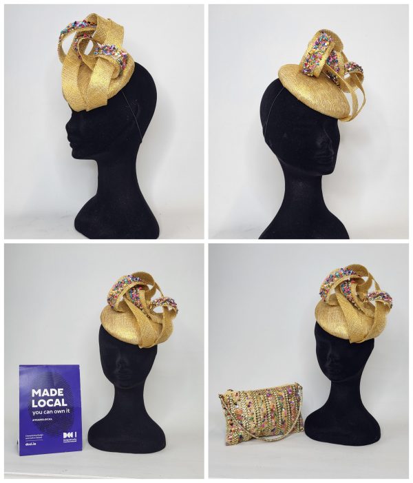DOMINIQUE - GOLD AND MULTICOLOURED FASCINATOR