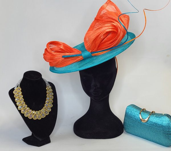 DARBY - DARK TURQUOISE AND ORANGE FASCINATOR - Image 8
