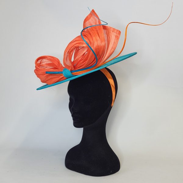 DARBY - DARK TURQUOISE AND ORANGE FASCINATOR - Image 2