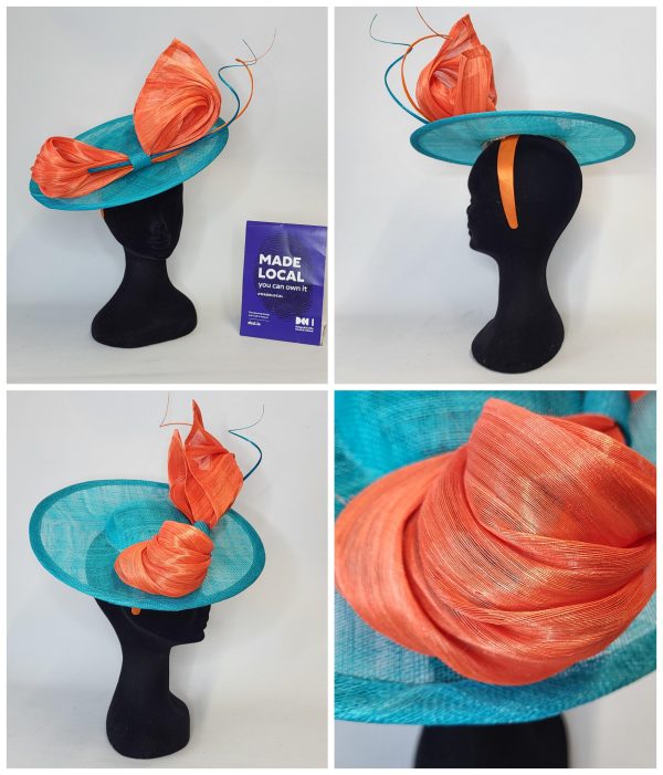 DARBY - DARK TURQUOISE AND ORANGE FASCINATOR