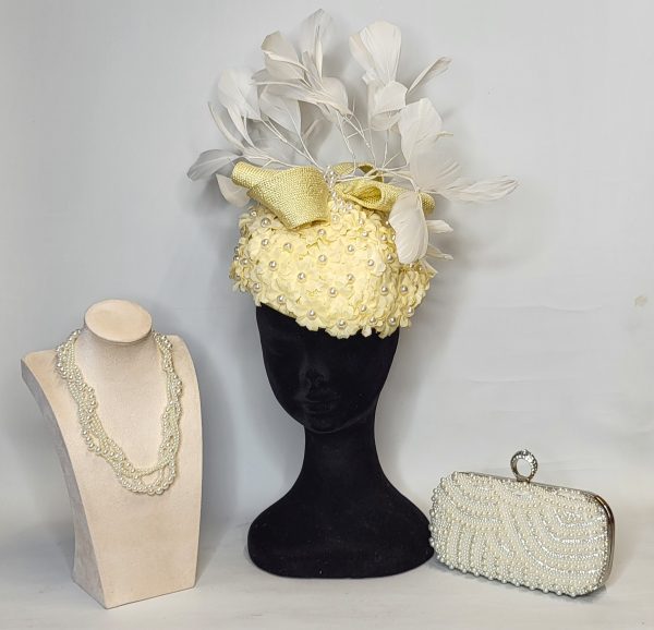 MERLINA - PALE YELLOW ,AND PEARL FASCINATOR WITH FLOATING IVORY FEATHERS - Image 6