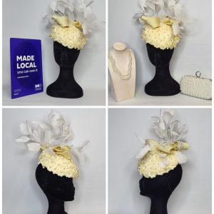 MERLINA - PALE YELLOW ,AND PEARL FASCINATOR WITH FLOATING IVORY FEATHERS