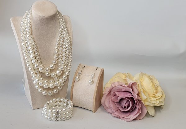 AMARA - CHUNKY PEARL MULTISTRAND NECKLACE , EARRINGS AND BRACELET SET