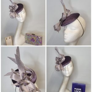 STACEY - PLUM VELVET AND LILAC GREY PILL BOX FASCINATOR
