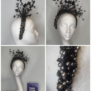 CAMILLA - CHROME SILVER AND BLACK HAIRBAND FASCINATOR