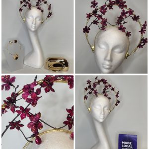 VERITY - WIINE, CLARET AND GOLD HALO CROWN FASCINATOR