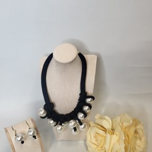 BRIGITTE - LARGE CHUNKY BLACK AND PEARL COLLAR BIB NECKLACE AND EARRINGS