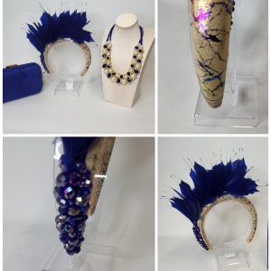 CAMERON - GOLD  AND ROYAL BLUE HAIRBAND FASCINATOR
