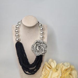 SASCHA - LARGE BLACK AND PEARL CHUNKY COLLAR BIB NECKLACE