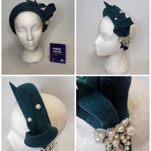 FRANCHESCA - RUSTIC WOOL TEAL GREEN HALO FASCINATOR WITH PEARLS  EX HIRE SALE