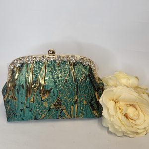 MEABH - TEAL GREEN AND GOLD VINTAGE CLUTHC BAG