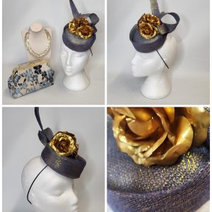 DEENA - AIRFORCE BLUE AND GOLD FASCINATOR   -- SAMPLE SALE