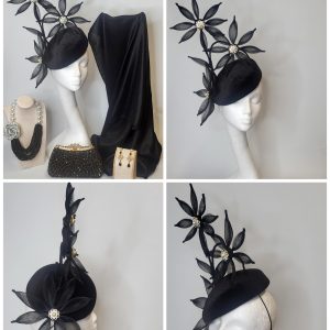 CANDICE - BLACK VELVET AND PEARL SLOPED FASCINATOR  - EX-HIRE