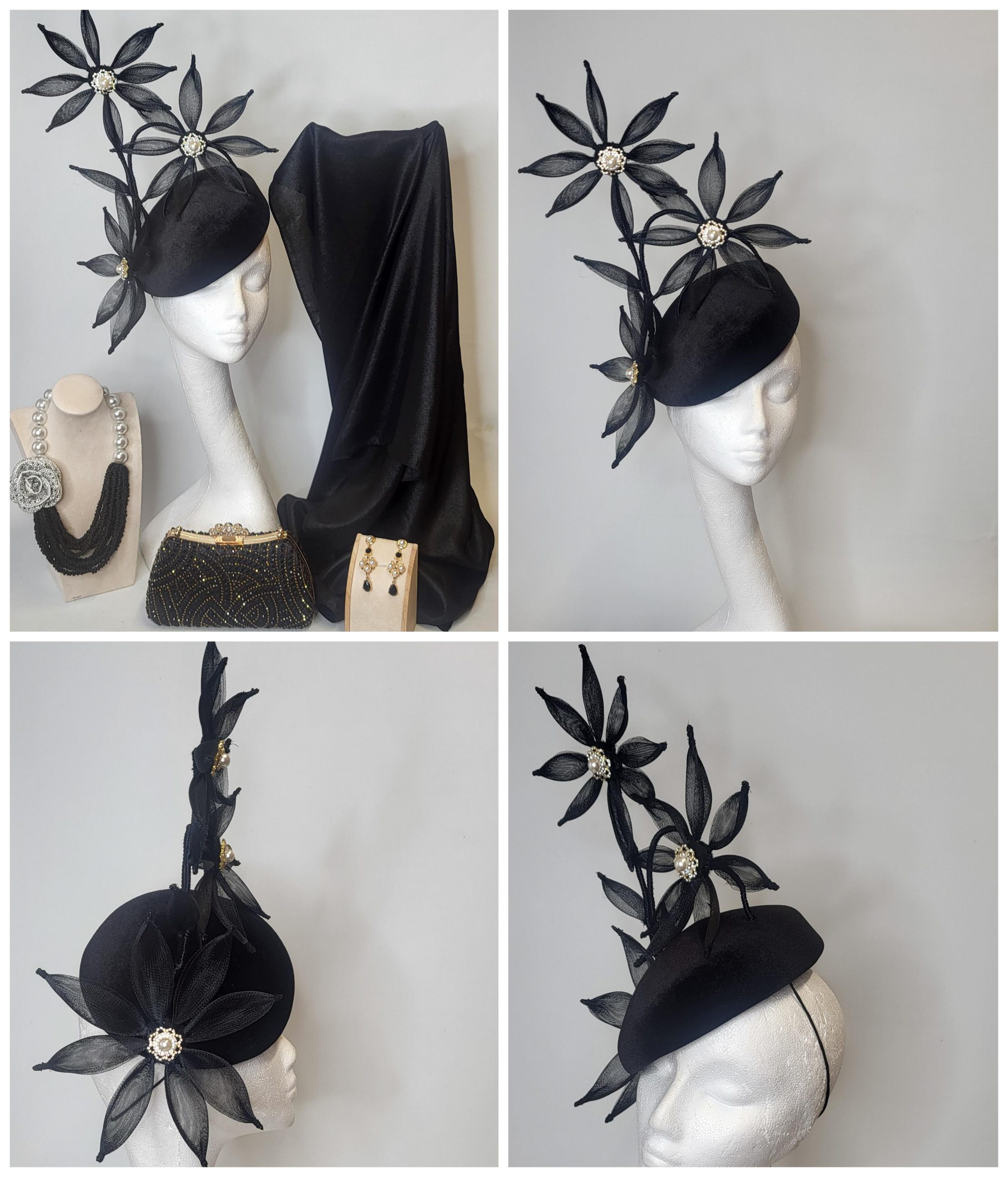 CANDICE - BLACK VELVET AND PEARL SLOPED FASCINATOR - EX-HIRE