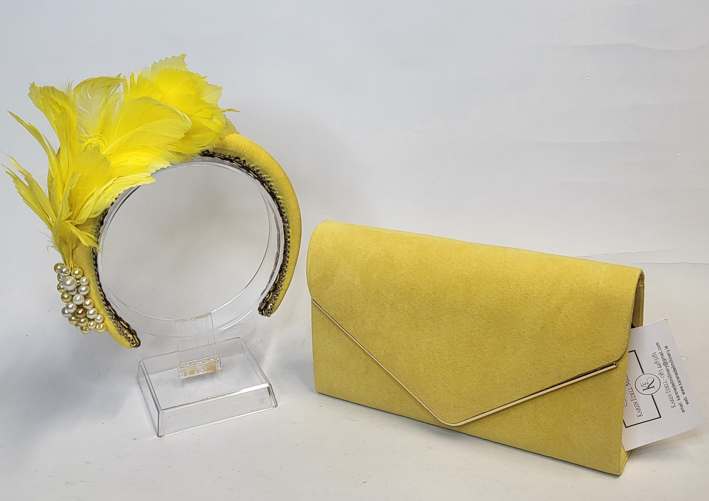 EITHNE - YELLOW AND PEARL HAIRBAND FASCINATOR - SAMPLE SALE - HALF PRICE - Image 2