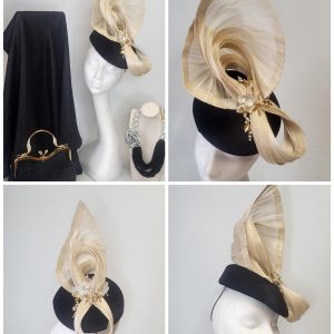 HANORAH - BLACK AND CREAM SLOPED FASCINATOR
