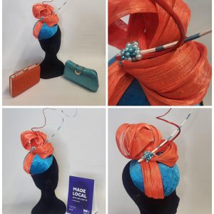 SUKI - DARK TURQUOISE AND ORANGE FASCINATOR