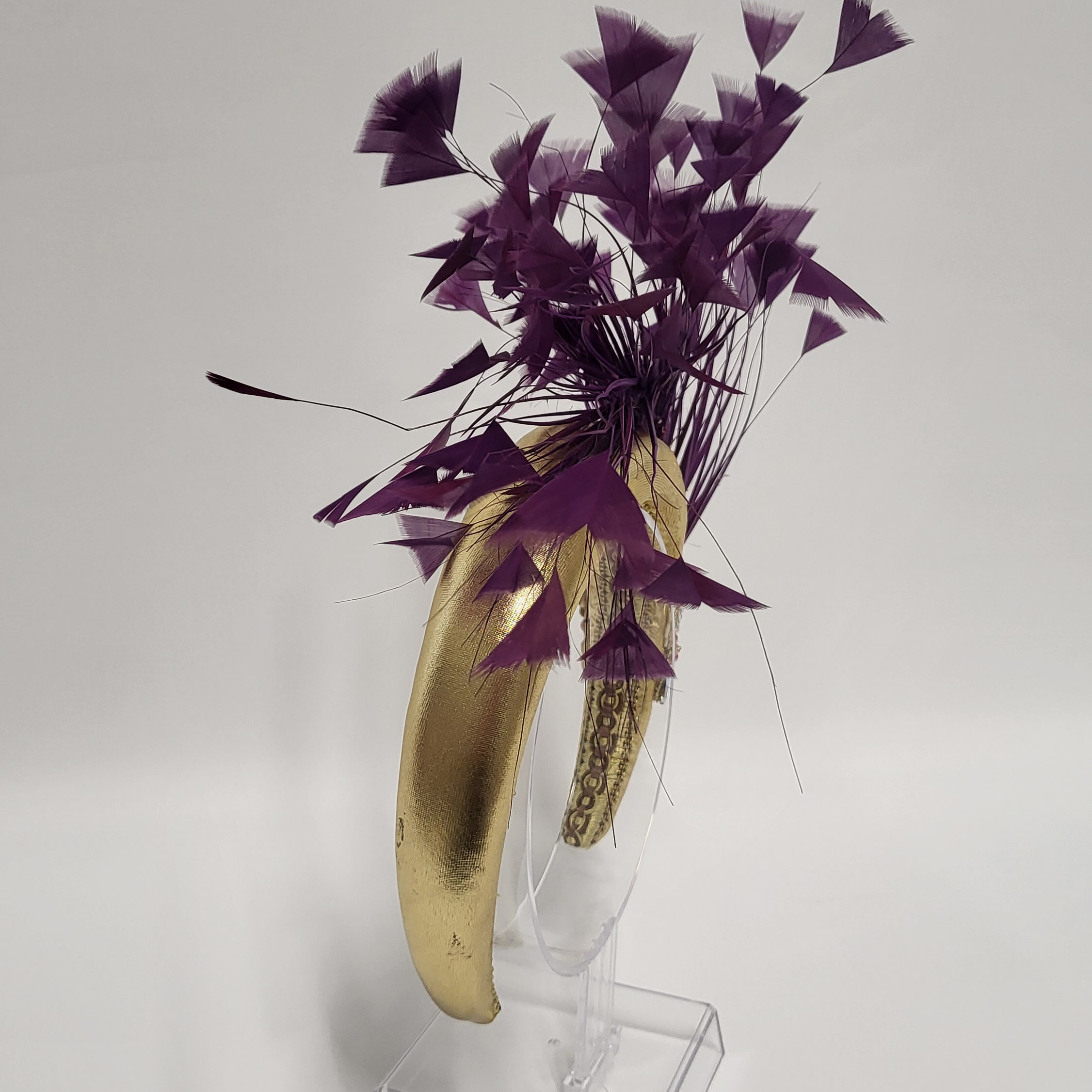 EMALYNE - PLUM PURPLE AND GOLD HAIRBAND FASCINATOR - Image 5