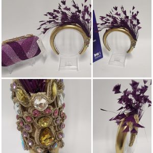EMALYNE - PLUM  PURPLE AND GOLD  HAIRBAND FASCINATOR