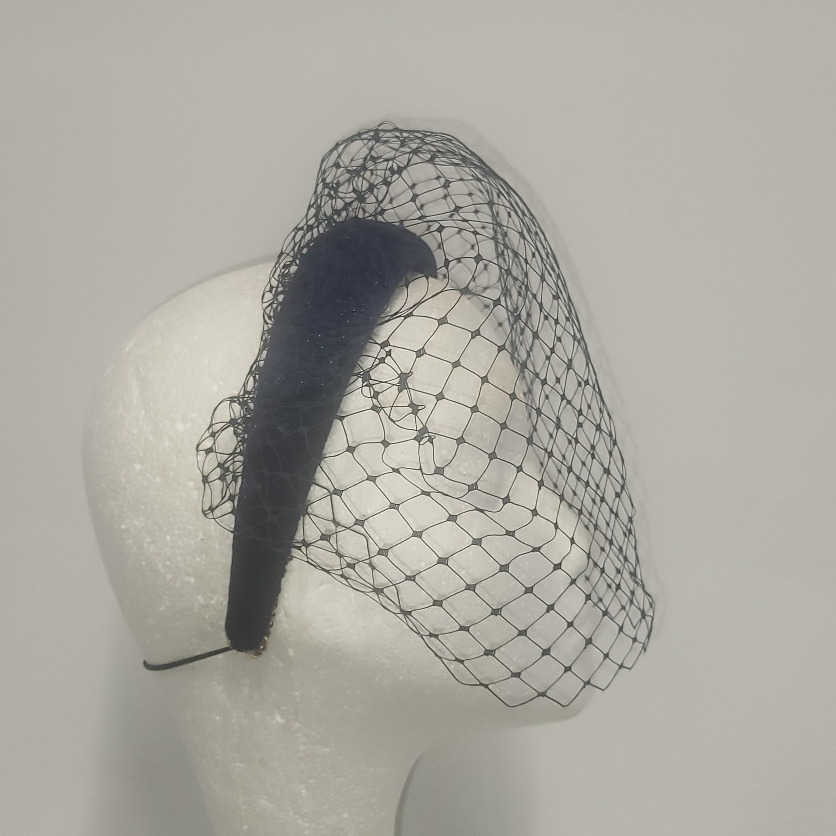 HEATHER - NAVY VELVET HAIRBAND WITH VEILING EX HIRE SALE - Image 3