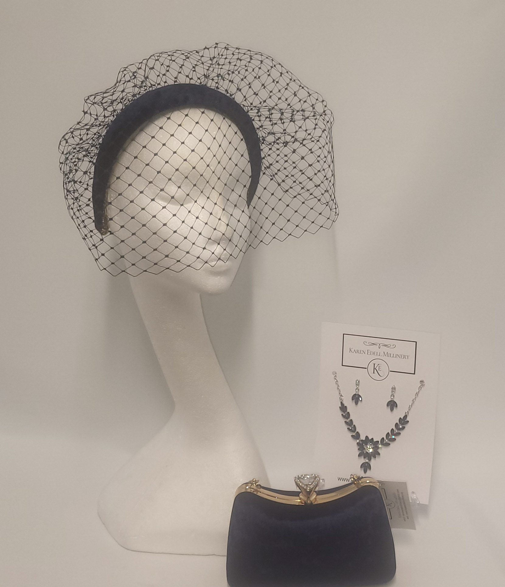 HEATHER - NAVY VELVET HAIRBAND WITH VEILING EX HIRE SALE - Image 2
