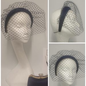 HEATHER - NAVY VELVET HAIRBAND WITH VEILING   EX HIRE  SALE