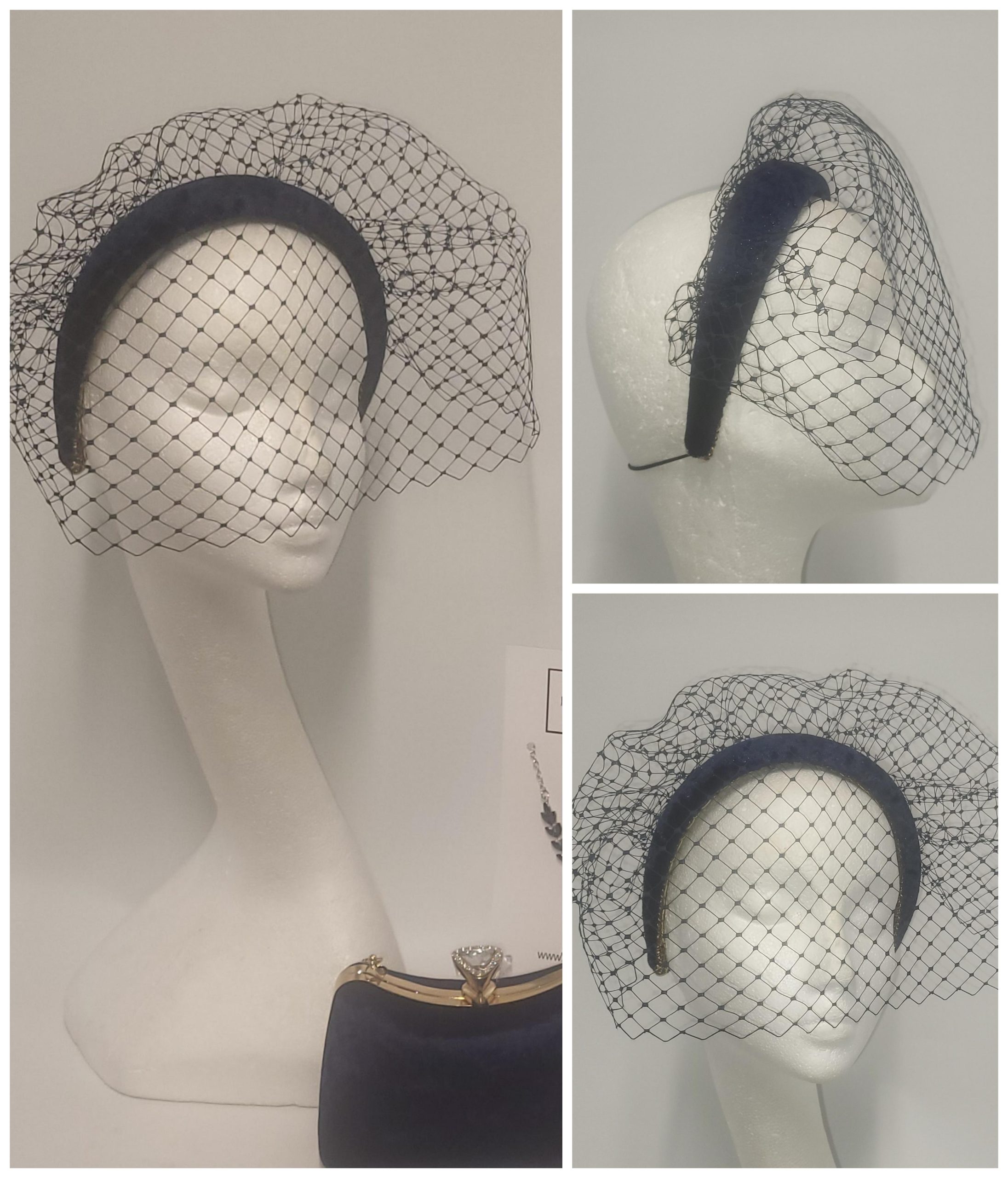 HEATHER - NAVY VELVET HAIRBAND WITH VEILING EX HIRE SALE