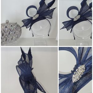 DERBHLA - NAVY AND SILVER FASCINATOR