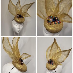 HARLEY - GOLD LUREX PILLBOX FASCINATOR  WITH  COLOURED RHINESTONE BROOCH