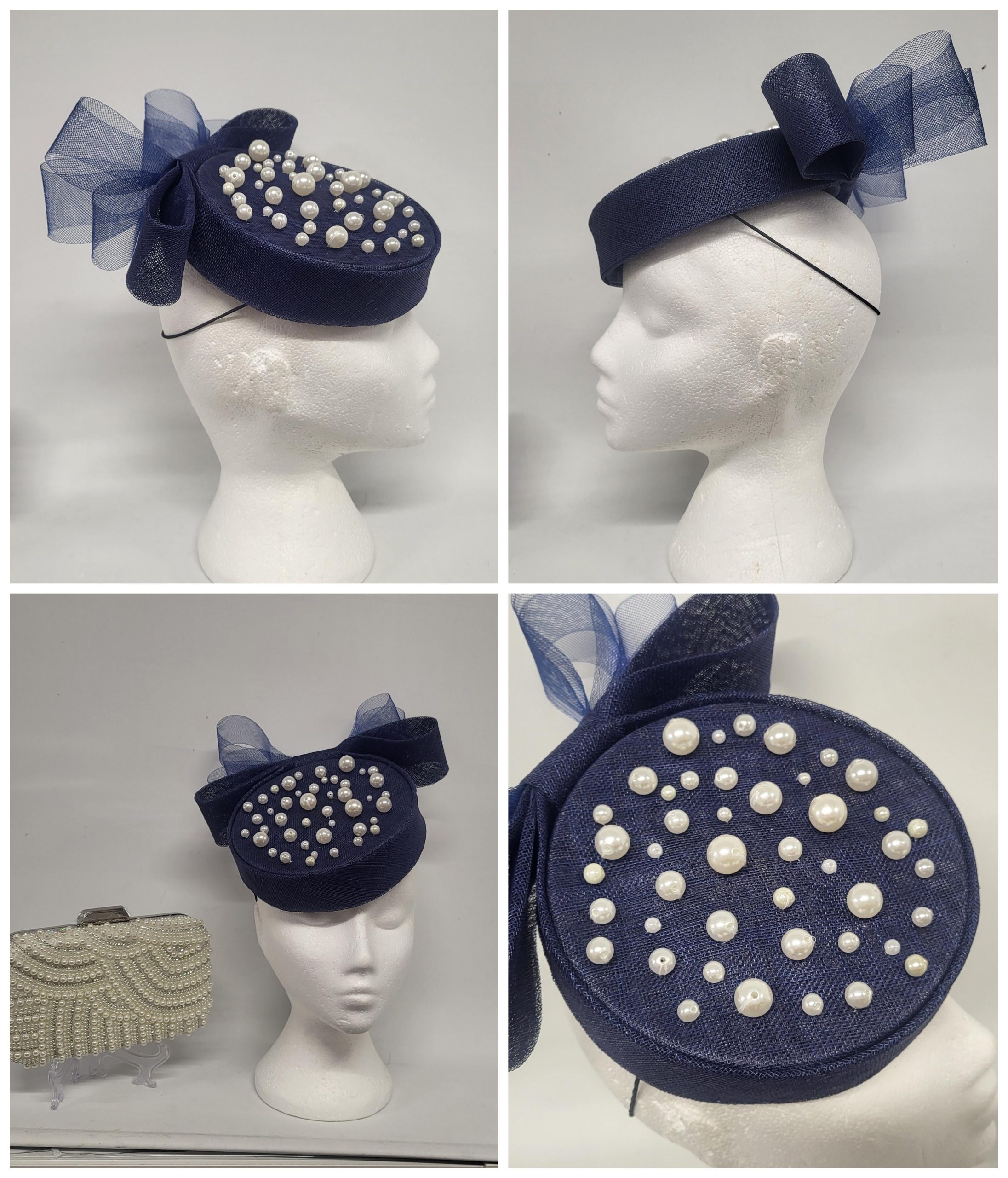 EVANGELINE - NAVY AND PEARL PILLBOX FASCINATOR