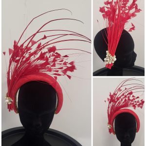 RAYANA - RED AND PEARL HAIRBAND FASCINATOR  EX HIRE
